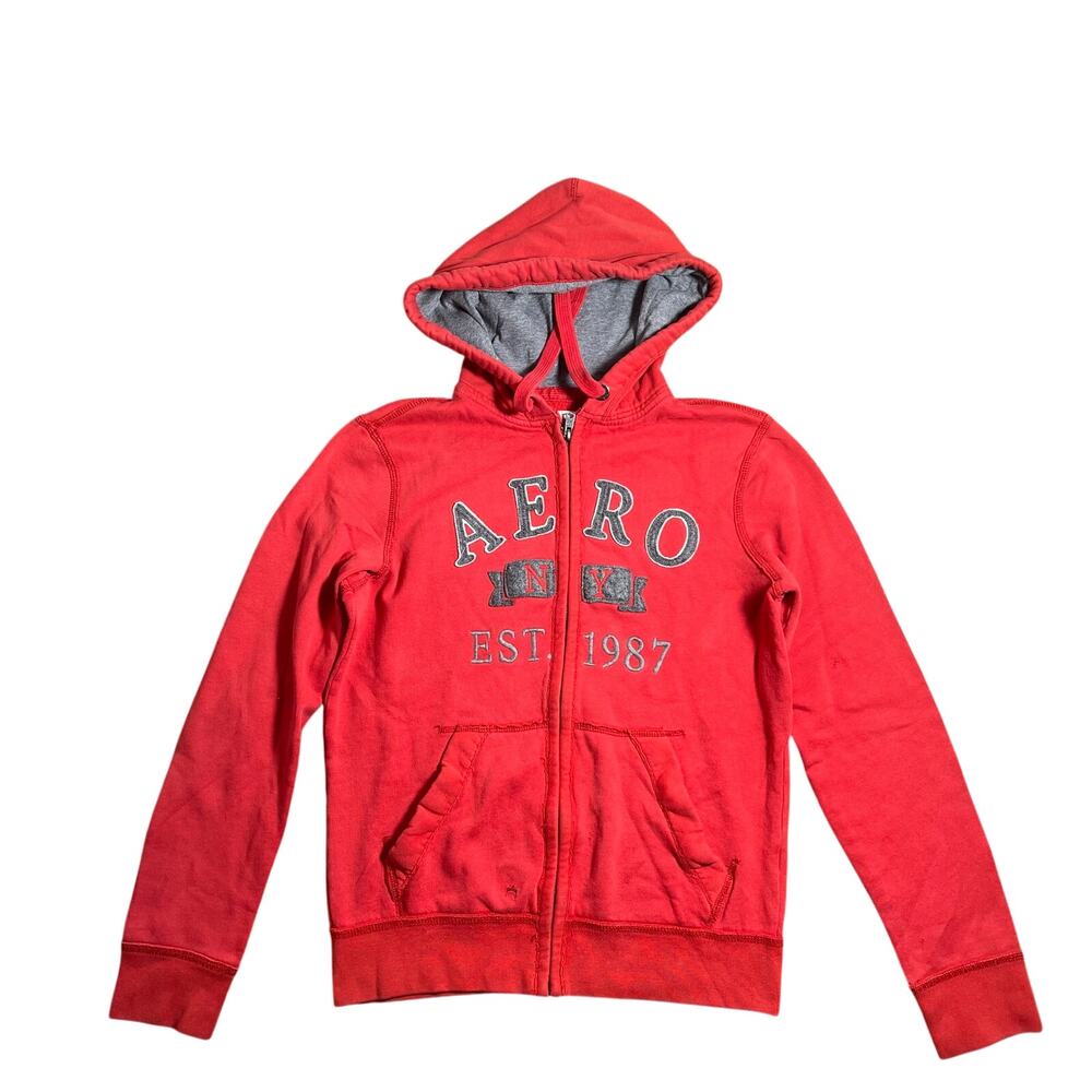 Aeropostale Aero NY 1987 Red Zip Hoodie Small Y2K Distressed